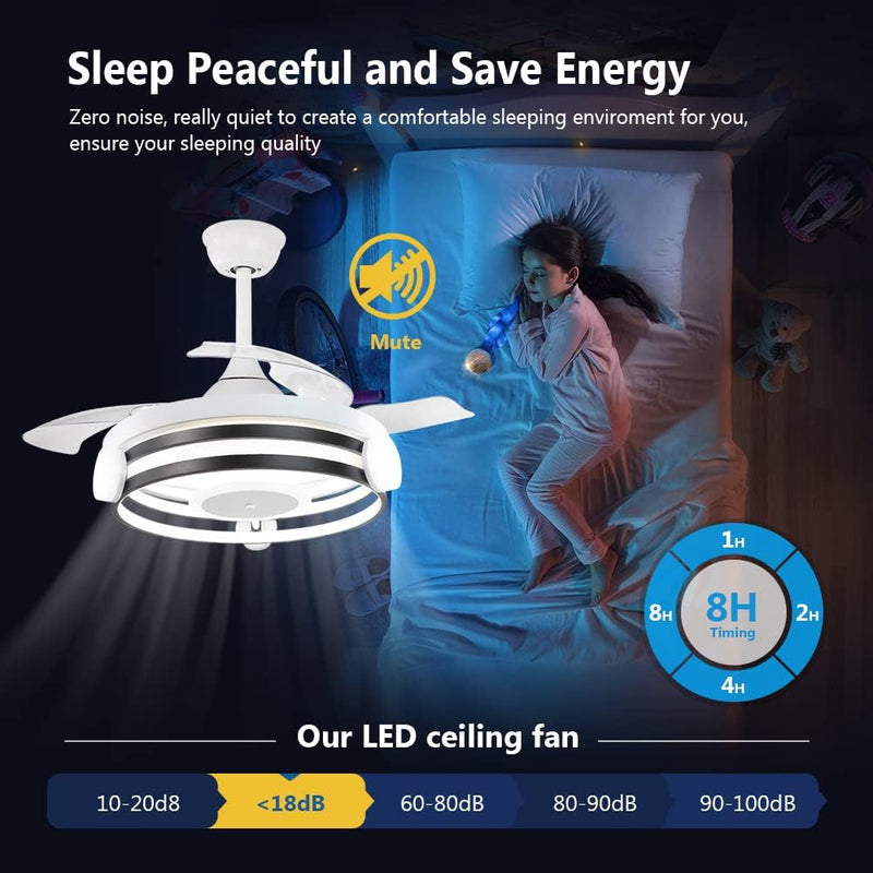 35 Inch Retractable Ceiling Fan with Lights Remote Control, 30W LED Bladeless Modern Ceiling Fan for Kitchen, Bedroom, Living Room, Quiet Motor Fan, 3 Color Changeable, Timing, 3 Speed, FCC