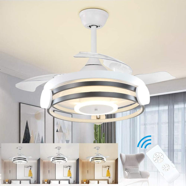 35 Inch Retractable Ceiling Fan with Lights Remote Control, 30W LED Bladeless Modern Ceiling Fan for Kitchen, Bedroom, Living Room, Quiet Motor Fan, 3 Color Changeable, Timing, 3 Speed, FCC