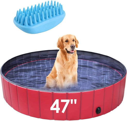 Dog Swimming Pool with Brush, Collapsible Pet Bath Pool Foldable Bathing Tub