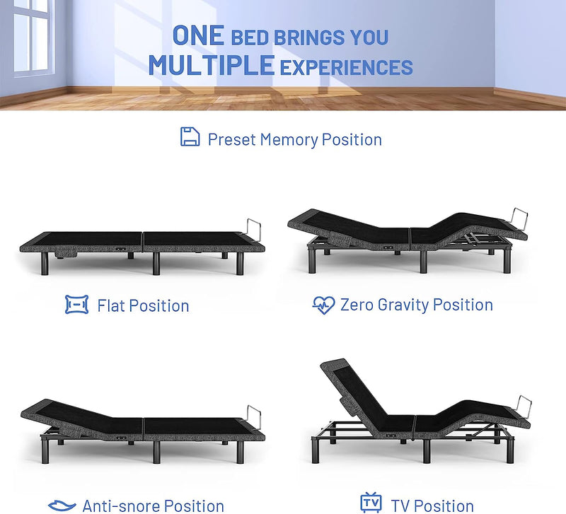 Adjustable Bed Base Queen, Easy Assembly, with Dual Motors, Anti-Snore/ Zero Gravity/Memory/TV Position, Wireless Remote & Mobile APP