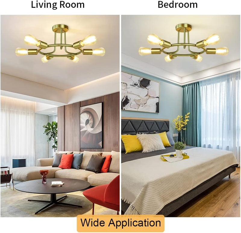 6-Light Semi Flush Mount Ceiling Light Fixture, Modern Golden Metal Sputnik Chandelier, Farmhouse Ceiling Lamp for Dining Room/Living Room/Bedroom/Kitchen Island/Foyer, E26 Base