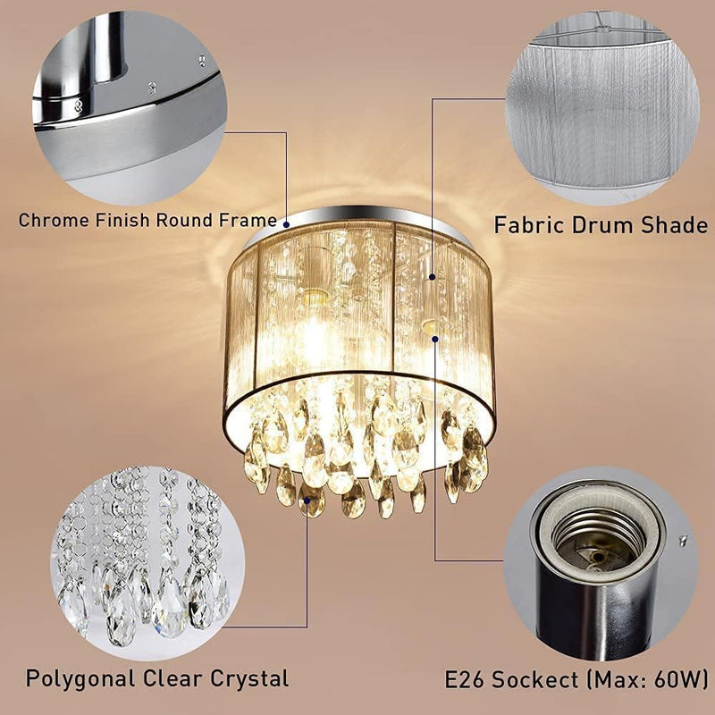 3 Lights Modern Crystal Flush Mount Ceiling Light, 11 Inch Raindrop Crystal Light Fixture with Cylinder Net Lamp Shade, Mini Crystal Chandeliers for Bedroom, Living Room, Kitchen