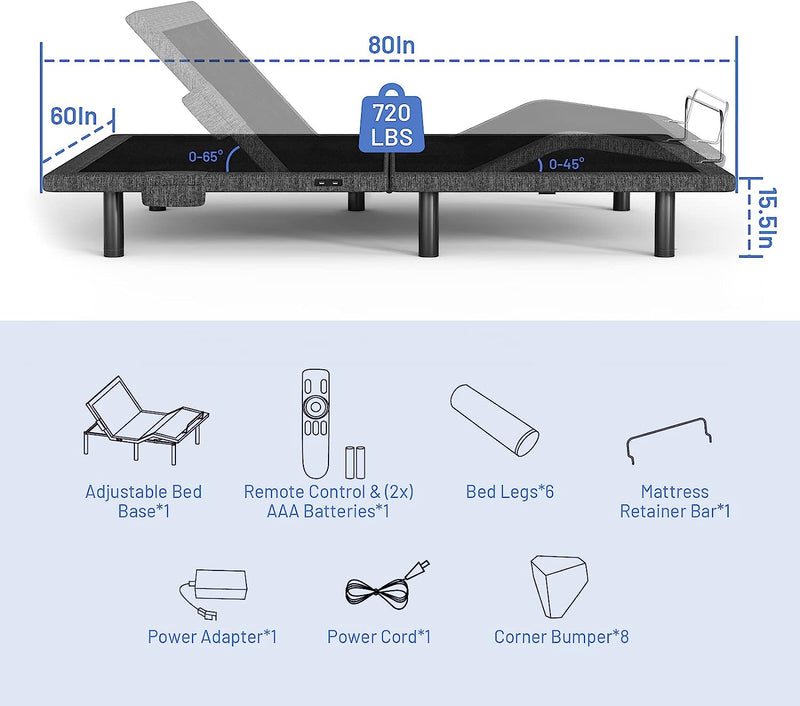 Adjustable Bed Base Queen, Easy Assembly, with Dual Motors, Anti-Snore/ Zero Gravity/Memory/TV Position, Wireless Remote & Mobile APP