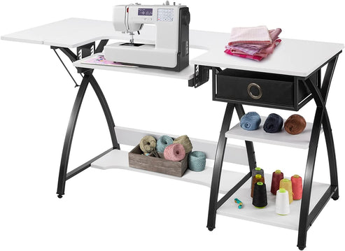 Sewing Craft Table, Sewing Machine Desk with Adjustable Folding Shelves and Storage Drawer