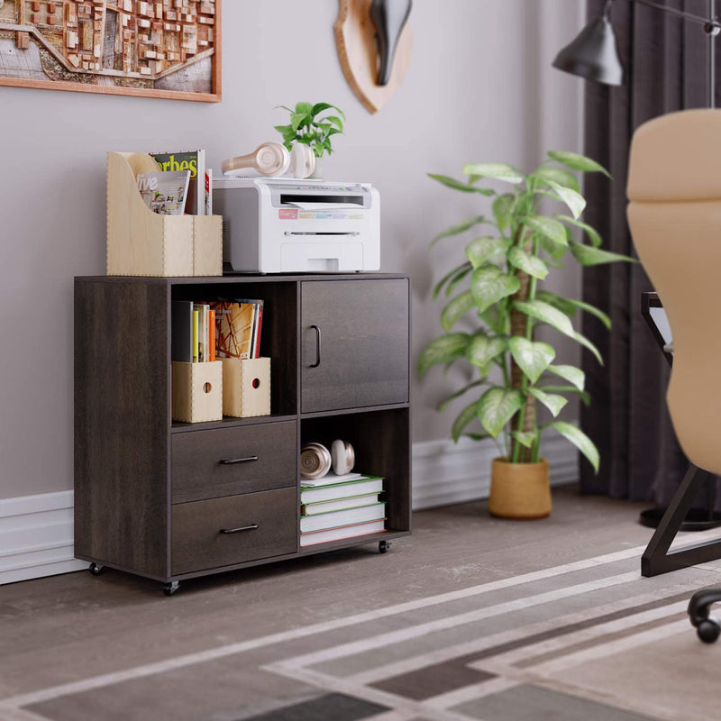 Mobile Lateral Filing Cabinet with Wheels, 2 Drawers and Open Shelves, Dark Brown - Rack To Door