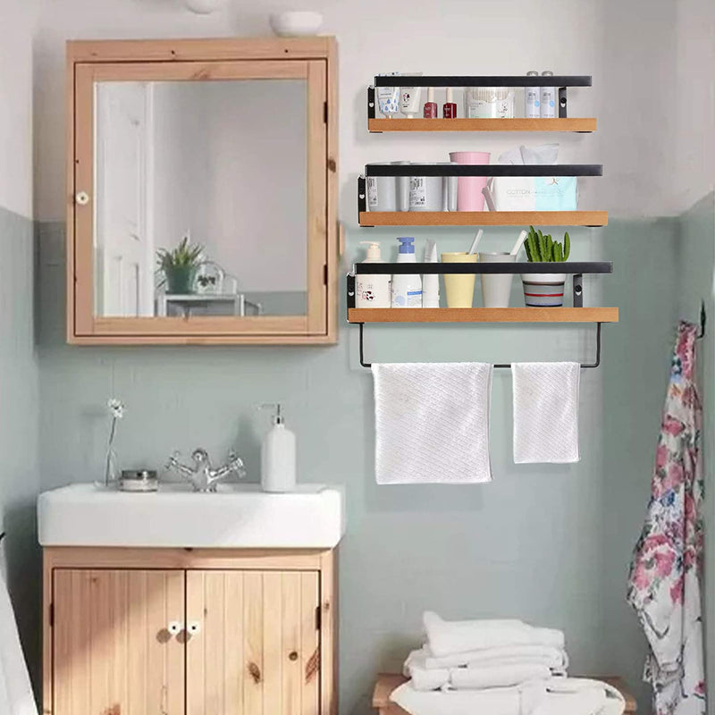 Wall Mounted Floating Shelves Multifunctional Bathroom Shelf with 1 Tower Holder - Set of 3 Stylish Wall Storage Shelves