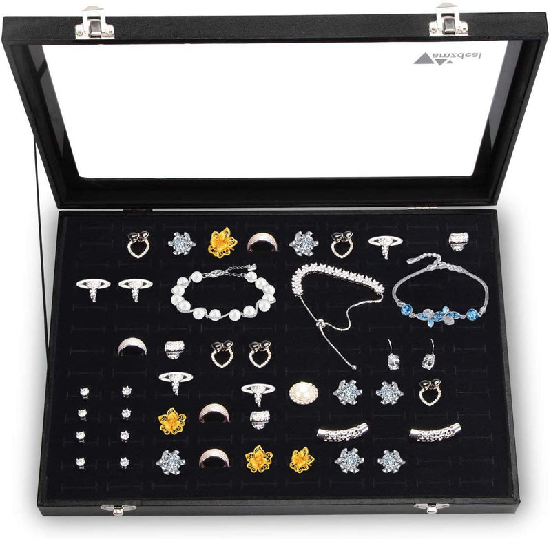 Ring Storage Box, 100 Slots Jewelry Ring Display Case with Glass Lid