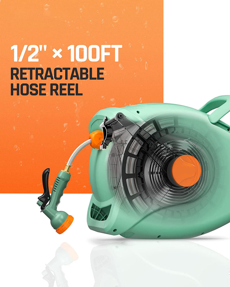 1/2" 100 FT Garden Hose Reel, Any Length Lock, Heavy-Duty Wall Mounted Retractable Hose Reel with Automatic Rewind, Brass Connector, Adjustable Patterns, 180° Garden Watering & Car Washing