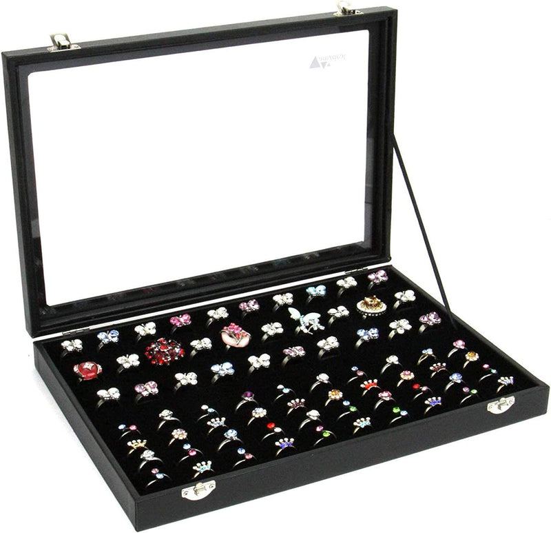 Ring Storage Box, 100 Slots Jewelry Ring Display Case with Glass Lid