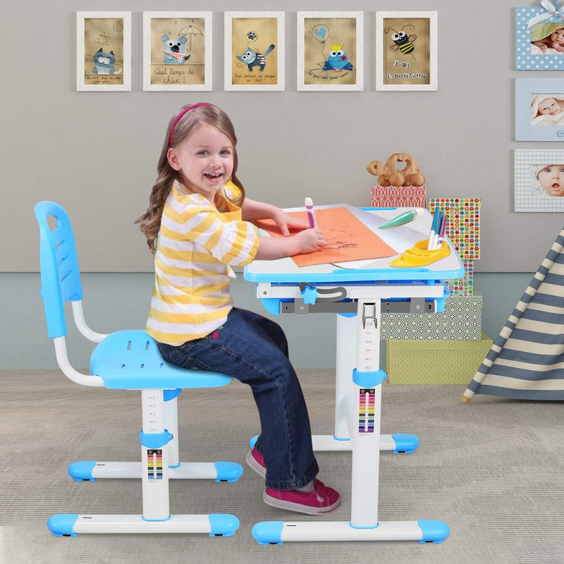 Kids Desk and Chair Set, Height Adjustable Children Study Table Students with Pull-Out Drawer