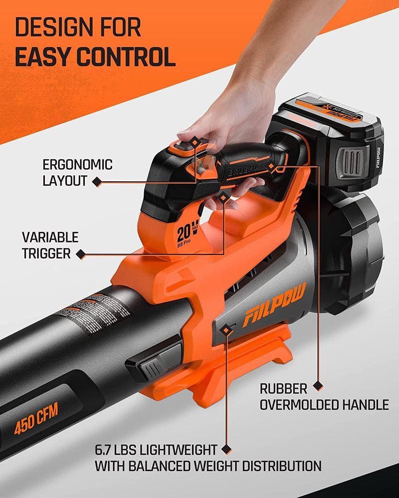 Cordless 20V Brushless Leaf Blower with 4.0Ah Battery and Fast Charger with Turbo Mode & Variable Speed Trigger