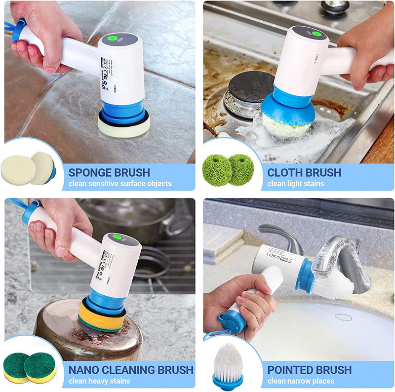 400 RPM Cordless Power Scrubber with Rechargeable Battery, 7 Brush Heads - TLTS01D - Rack To Door