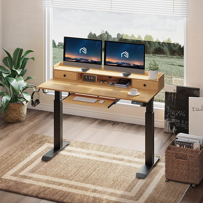 Rolanstar Height Adjustable Desk, Standing Desk with Keyboard Tray and Monitor Shelf, Electric Standing Table with Double Headphone Hooks