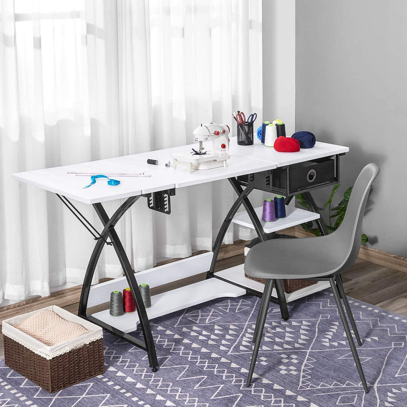 Sewing Craft Table, Sewing Machine Desk with Adjustable Folding Shelves and Storage Drawer