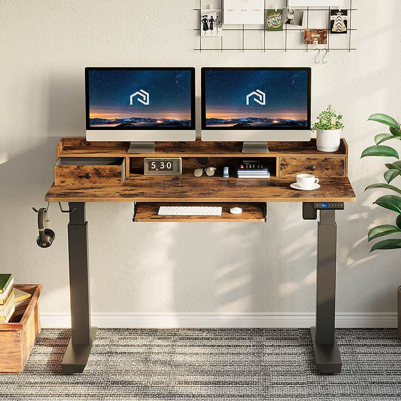 Rolanstar Height Adjustable Desk, Standing Desk with Keyboard Tray and Monitor Shelf, Electric Standing Table with Double Headphone Hooks