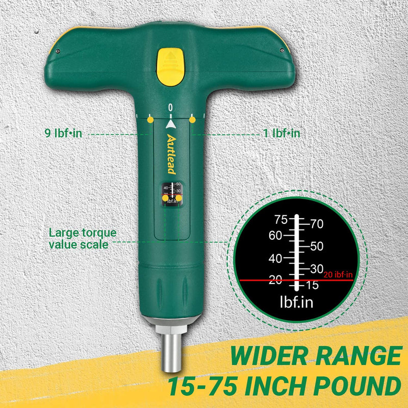 Torque Screwdriver, T-shape Torque Wrench that Wide Range 15-75 Inch Pound in 1 Increment, 12 PCS 1/4" Bits of Torx/Hex/PH/SL