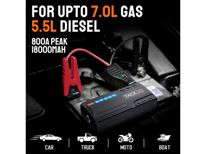 T6 800A Peak 18000mAh Car Jump Starter (up to 7.0L Gas, 5.5L Diesel Engine) - Rack To Door