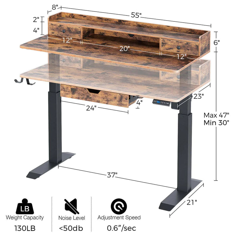 Rolanstar Single Motor Free Standing Electric Height Adjustable Desk With Drawers Headphone Hooks And Power Outlet
