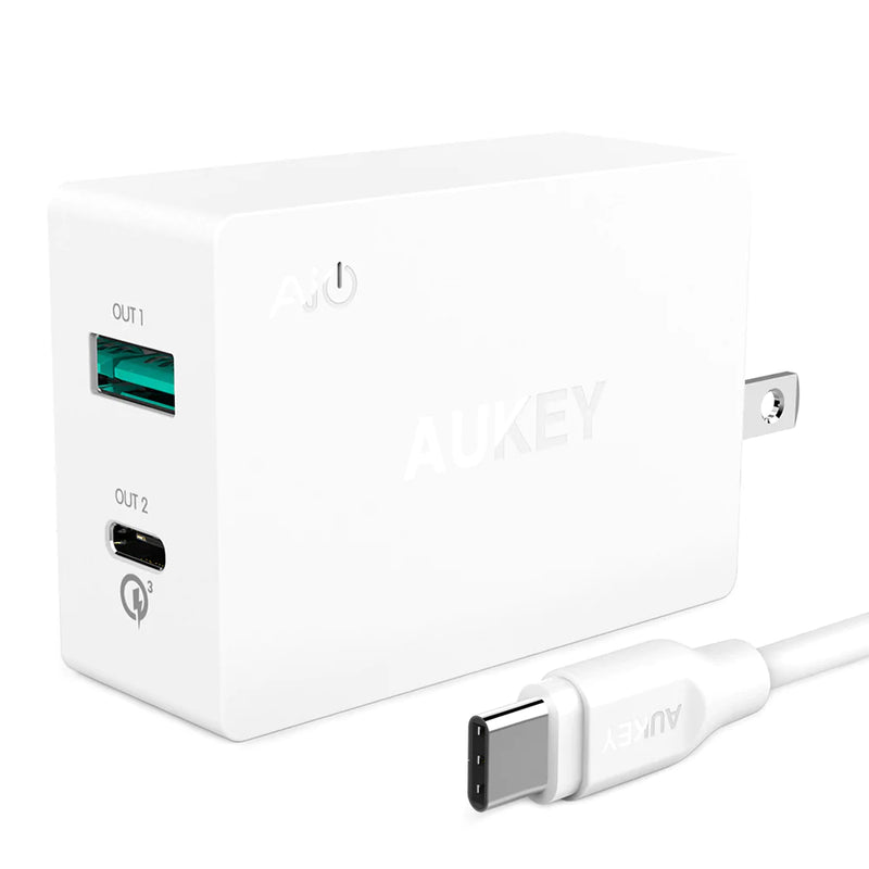 27W Dual-Port Wall Charger with QC 3.0 USB-C