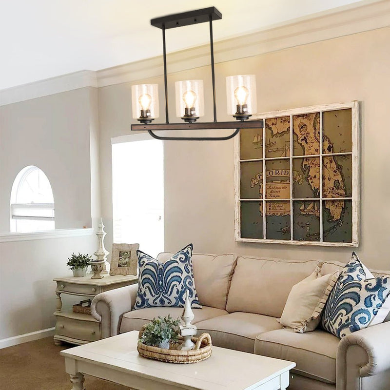 Rustic Pendant Light Fixture, Ceiling Hanging Light with Glass Shade, Adjustable Farmhouse Black Chandelier Lighting