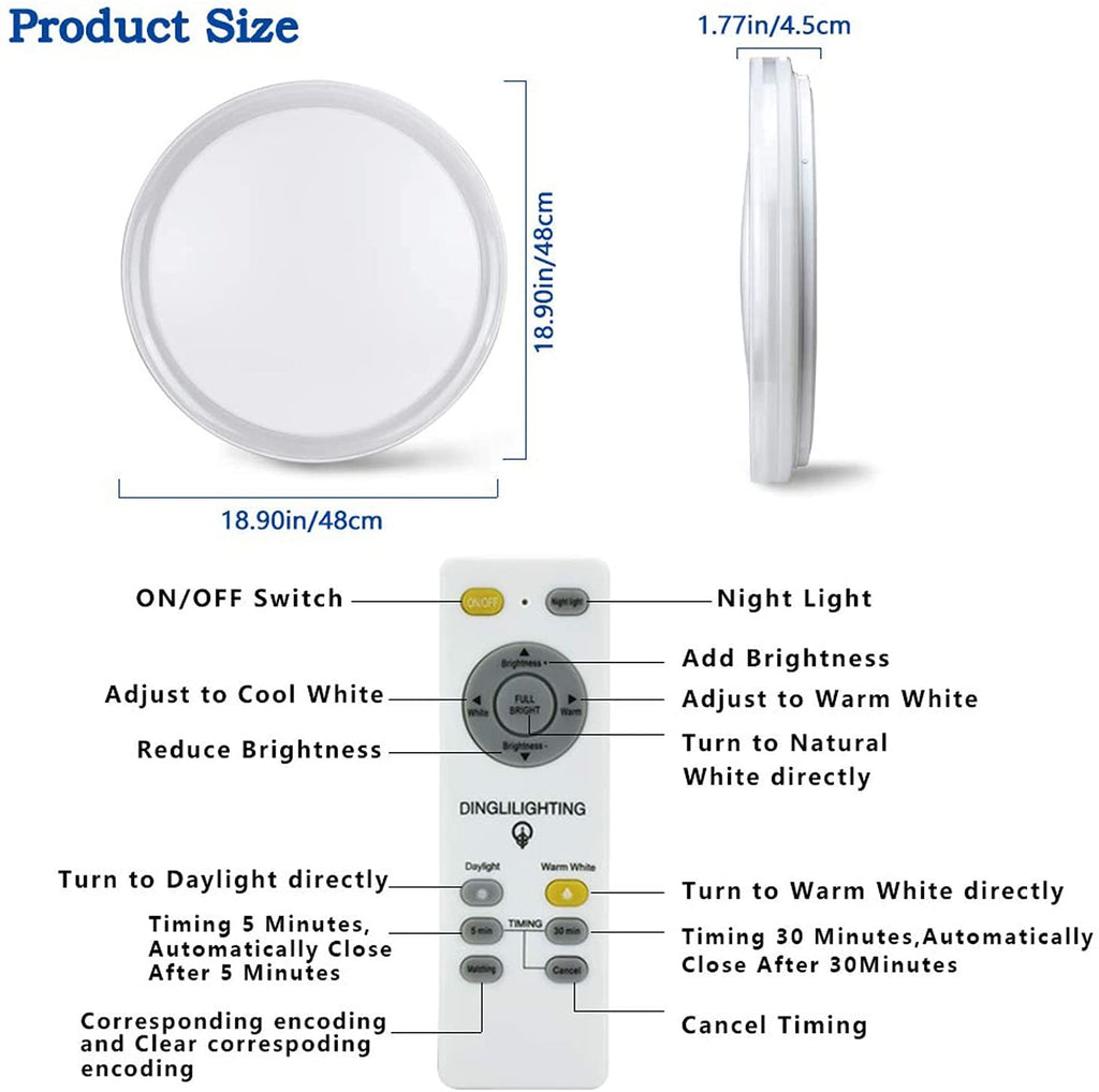 Dinglilighting DLLT 48W Round LED Ceiling Light Fixture Flush Surface Mount, Dimmable Remote Control Lighting, 3 Light Color Changeable for Dining Roo