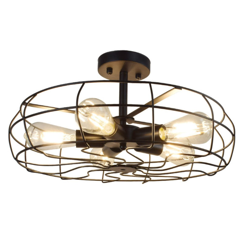5-Light Industrial Ceiling Light, 19 Inch Farmhouse Semi Flush Mount Chandelier, Rustic Metal Cage Ceiling Light Fixture, Black Retro Close to Ceiling Lighting for Kitchen Dining Room Bedroom
