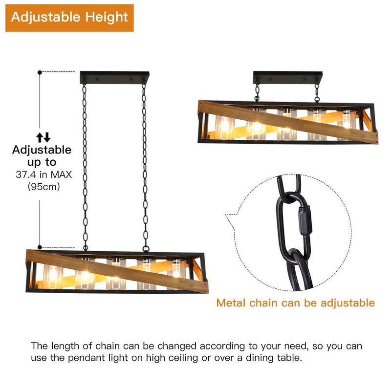 Farmhouse Kitchen Island Lighting, 39 Inches 5-Light Industrial Metal Linear Chandelier, Rustic Pendant Light Fixture with Wood Frame Hanging