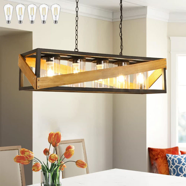 5-Light Industrial Farmhouse Kitchen Island Lighting Fixture with Wood & Metal Frame