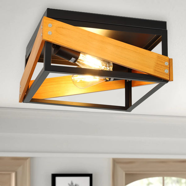 Square Ceiling Light Fixture, 2-Light with Metal and Wood Frame, E26 Base