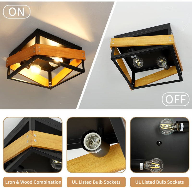 Square Ceiling Light Fixture, 2-Light with Metal and Wood Frame, E26 Base
