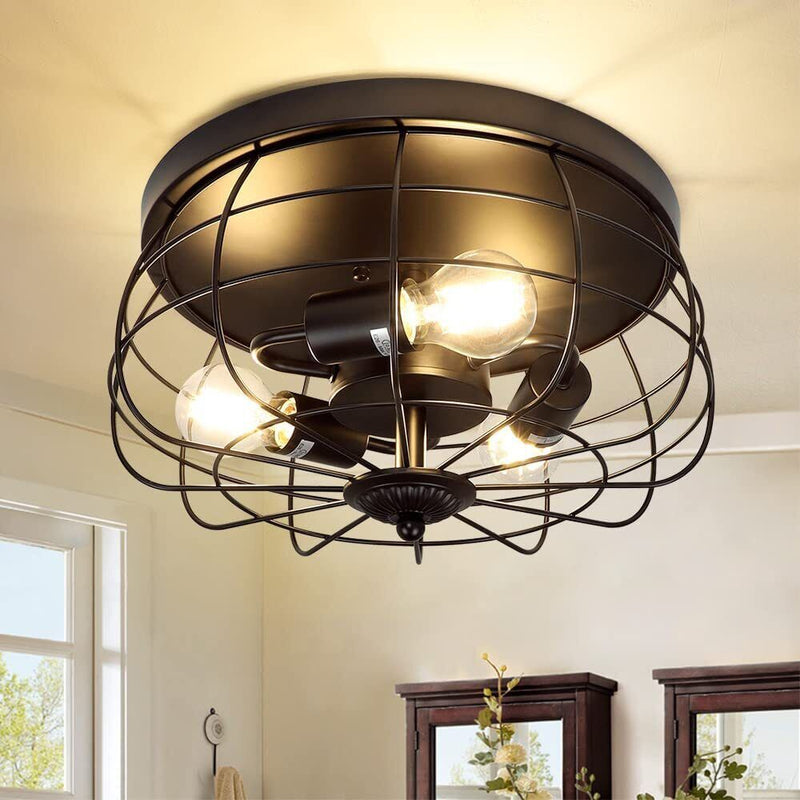 3-Light Industrial Flush Mount Ceiling Light Fixture, 14.96'' Farmhouse Matte Black Close to Ceiling Light, Rustic Round Metal Cage Ceiling Lamp for Kitchen/Porch/Dining Room