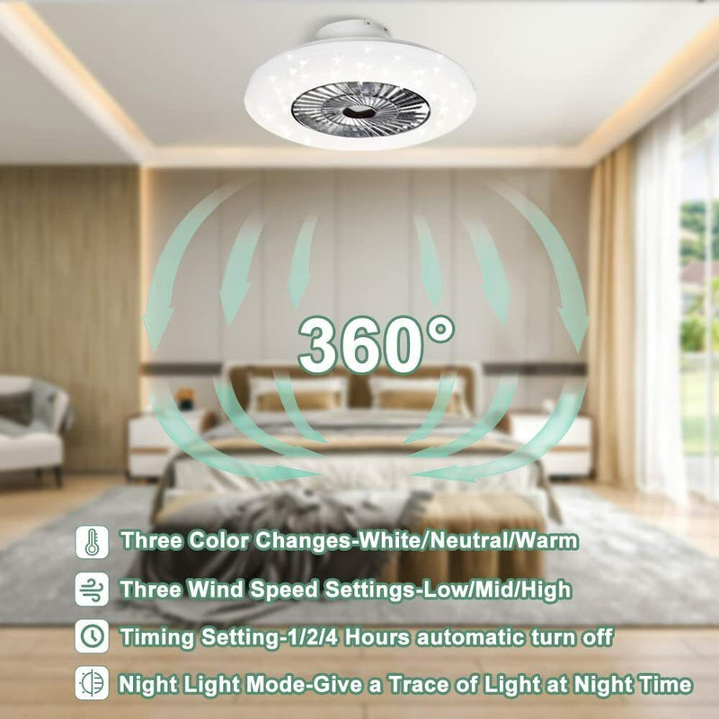 Remote Ceiling Fan with Light Kit-40W Modern Dimmable Ceiling Fan Lighting, 7 Invisible Blades Ceiling Fans, 23 Inch Ceiling Lighting Fixture Flush Mount, 3 Color Changeable, 3 Files, Timing