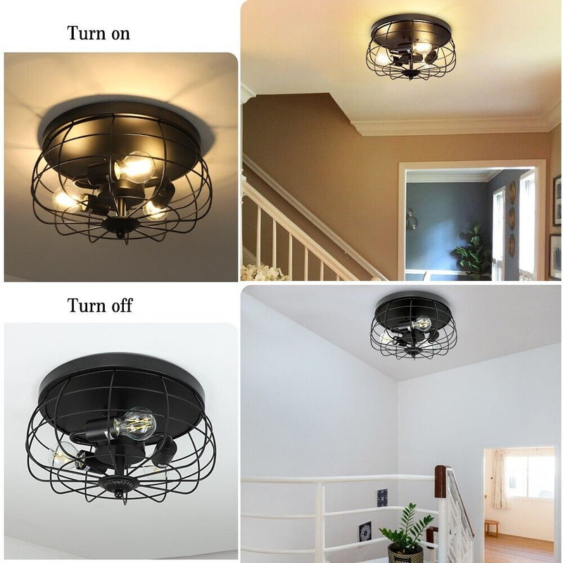 3-Light Industrial Flush Mount Ceiling Light Fixture, 14.96'' Farmhouse Matte Black Close to Ceiling Light, Rustic Round Metal Cage Ceiling Lamp for Kitchen/Porch/Dining Room